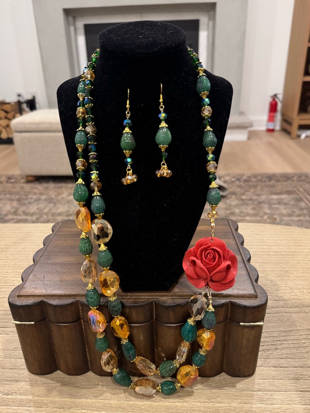 Artisan Genuine Carved Emerald & Cinnabar Multi Strand Necklace & Earrings Set